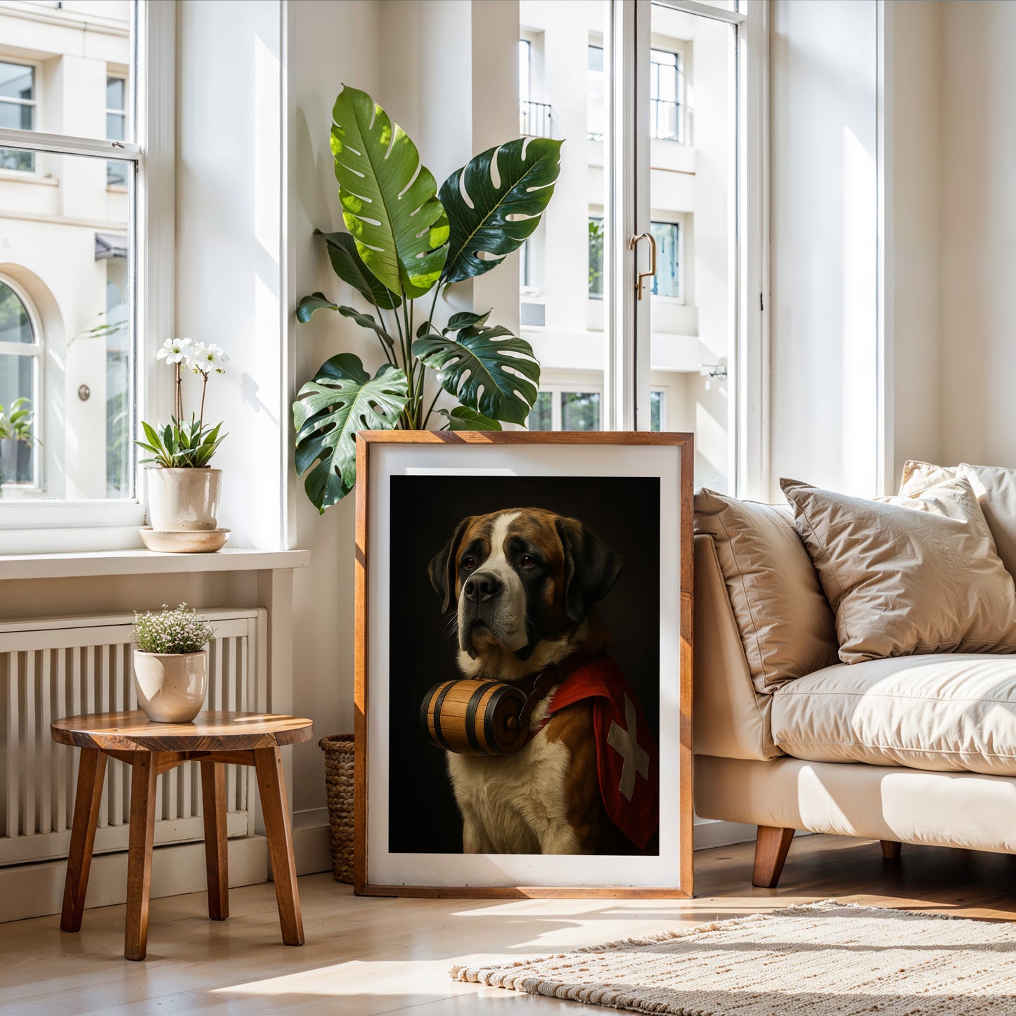 Hyper-realistic digital art print of a Swiss Saint Bernard dog wearing a traditional red vest with the Swiss flag and a brandy barrel collar. This iconic alpine dog design is perfect for mountain cabins, pet lovers, or rustic home decor. Comes in multiple printable sizes and fits IKEA frames. Great for those who love Switzerland or rescue dog symbolism. Be proud. Be kind. Be wild – by Dezinbazar.