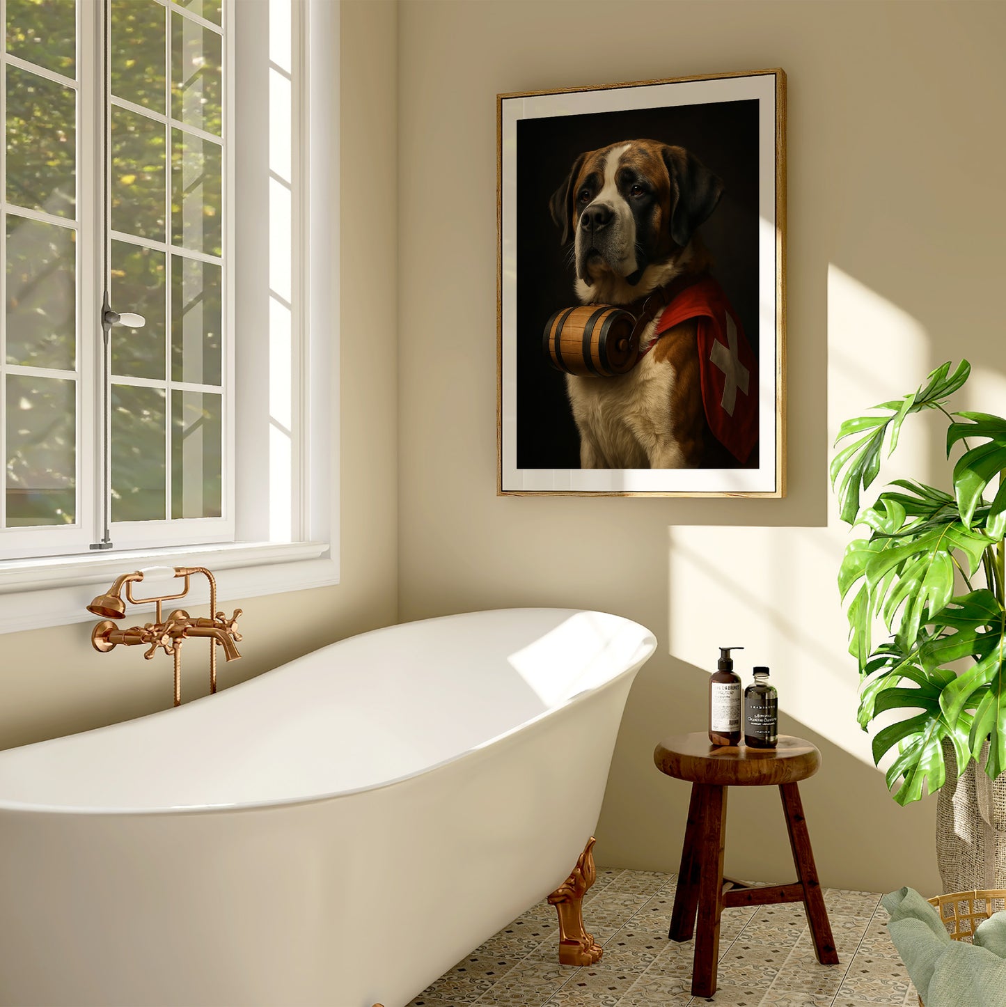 Hyper-realistic digital art print of a Swiss Saint Bernard dog wearing a traditional red vest with the Swiss flag and a brandy barrel collar. This iconic alpine dog design is perfect for mountain cabins, pet lovers, or rustic home decor. Comes in multiple printable sizes and fits IKEA frames. Great for those who love Switzerland or rescue dog symbolism. Be proud. Be kind. Be wild – by Dezinbazar.