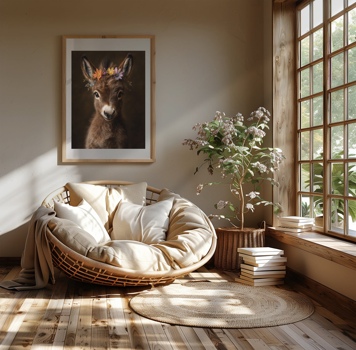 Adorable baby donkey poster with flower crown – printed on 200 gsm semi-glossy FSC-certified paper in sizes from A4 to A0 and 30×40 cm to 50×70 cm. This farm-themed nursery print brings calm and rustic charm to any baby or kids room. Fits standard IKEA frames like RIBBA and HOVSTA. Be proud. Be kind. Be wild – by Dezinbazar.