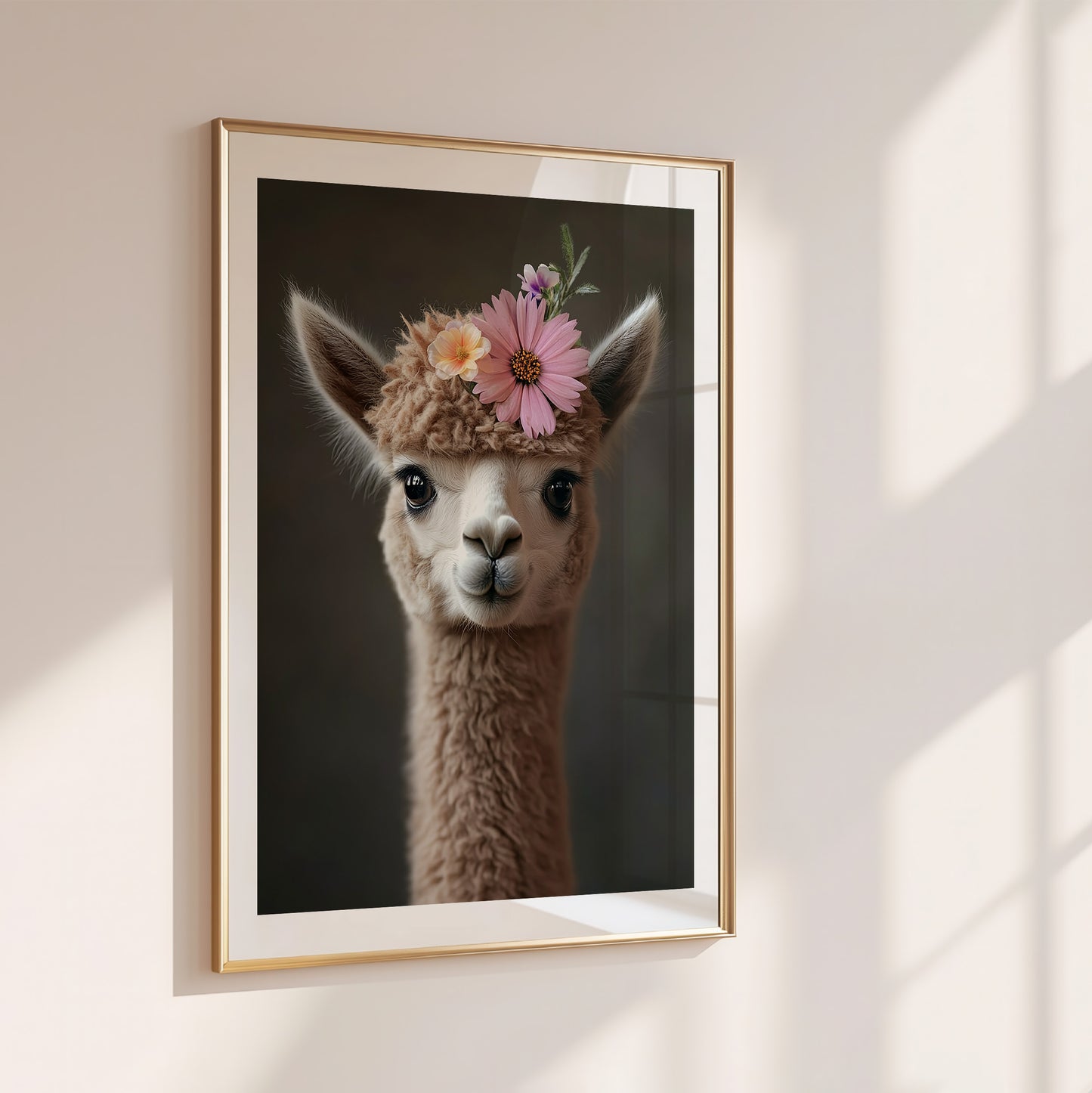 Cute baby camel with flower crown – printable desert animal nursery wall art for kids room, baby room or boho-themed decor. Includes 4 high-res JPGs. A Dezinbazar original.
