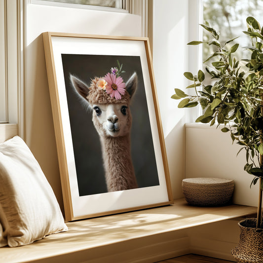 Cute baby camel with flower crown – printable desert animal nursery wall art for kids room, baby room or boho-themed decor. Includes 4 high-res JPGs. A Dezinbazar original.