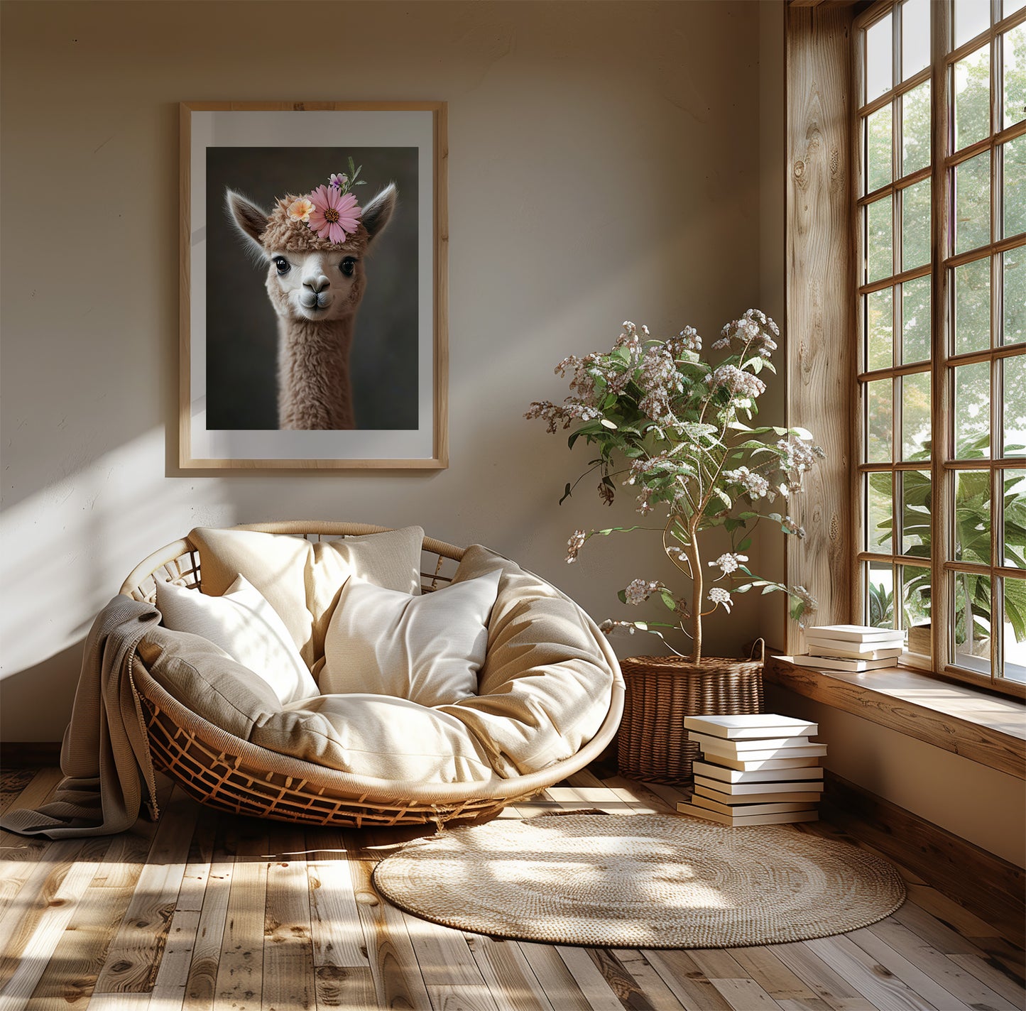 Cute baby camel with flower crown – printable desert animal nursery wall art for kids room, baby room or boho-themed decor. Includes 4 high-res JPGs. A Dezinbazar original.