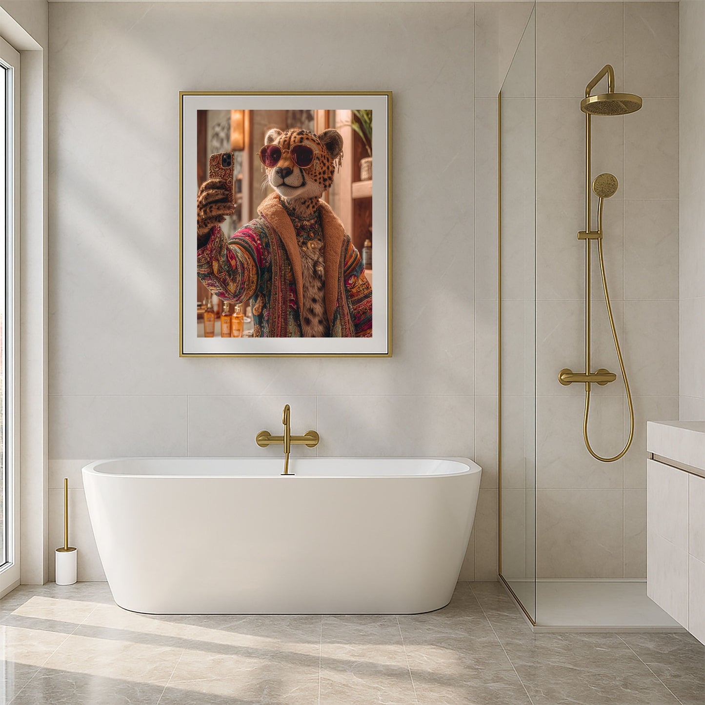 Digital art print of a stylish cheetah woman taking a selfie in a modern bathroom. She wears a colorful patterned robe, jewelry, and sunglasses, combining humor and chic jungle vibes. Perfect printable wall art for bathrooms, living rooms, or as a unique gift. Includes DIN A5–A0, 4:5, 3:4, and 30×40/50×70 cm sizes for easy printing.