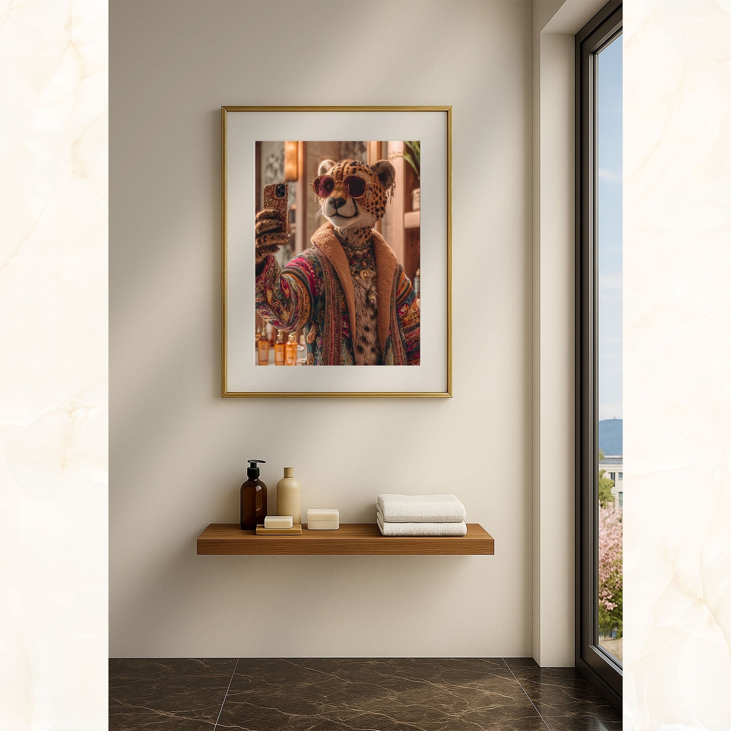 Digital art print of a stylish cheetah woman taking a selfie in a modern bathroom. She wears a colorful patterned robe, jewelry, and sunglasses, combining humor and chic jungle vibes. Perfect printable wall art for bathrooms, living rooms, or as a unique gift. Includes DIN A5–A0, 4:5, 3:4, and 30×40/50×70 cm sizes for easy printing.