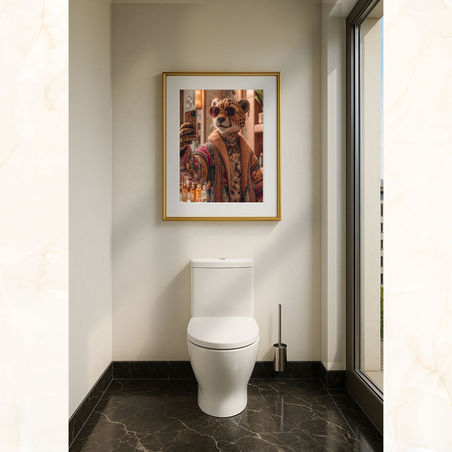 Digital art print of a stylish cheetah woman taking a selfie in a modern bathroom. She wears a colorful patterned robe, jewelry, and sunglasses, combining humor and chic jungle vibes. Perfect printable wall art for bathrooms, living rooms, or as a unique gift. Includes DIN A5–A0, 4:5, 3:4, and 30×40/50×70 cm sizes for easy printing.