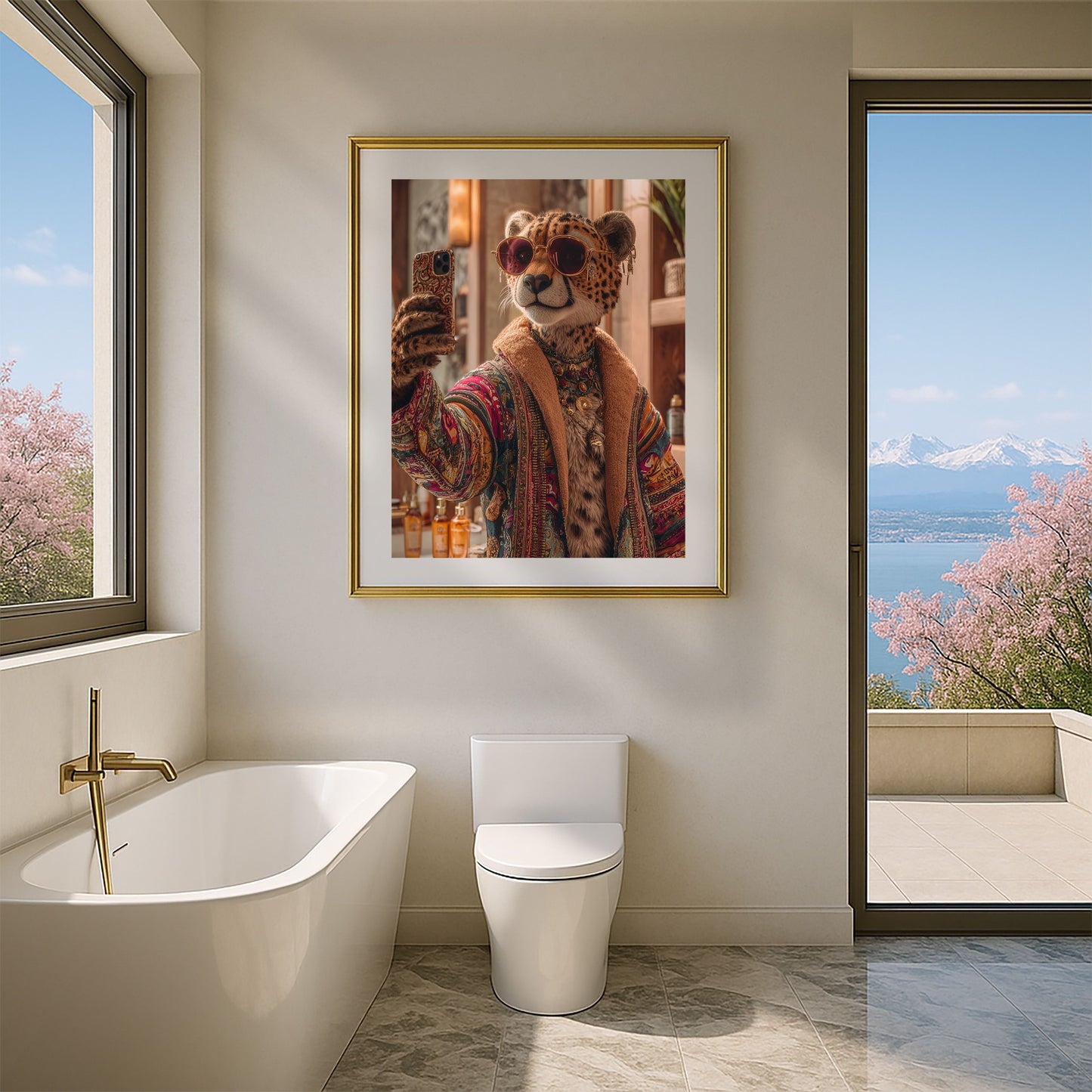 Digital art print of a stylish cheetah woman taking a selfie in a modern bathroom. She wears a colorful patterned robe, jewelry, and sunglasses, combining humor and chic jungle vibes. Perfect printable wall art for bathrooms, living rooms, or as a unique gift. Includes DIN A5–A0, 4:5, 3:4, and 30×40/50×70 cm sizes for easy printing.