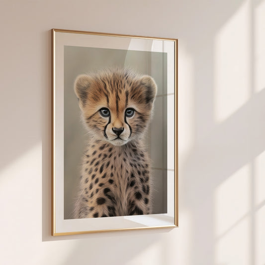 Gentle baby cheetah wall art with a soft pastel background – a perfect addition to safari-themed nurseries or kids' rooms. Printed on premium semi-glossy 200 gsm FSC-certified paper in sizes A4 to A0 or 30×40 to 50×70 cm. Compatible with IKEA frames like RIBBA. A sweet wild cat poster for animal lovers. Be proud. Be kind. Be wild – by Dezinbazar.