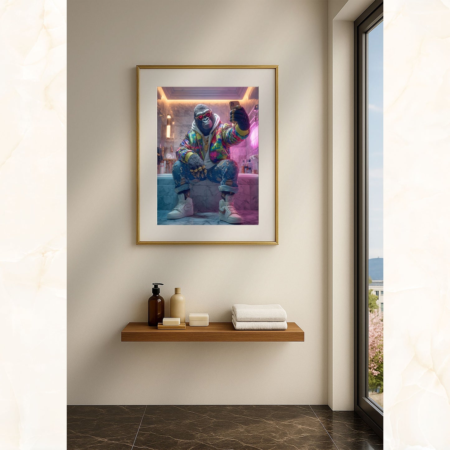 Digital gorilla wall art featuring a stylish anthropomorphic ape taking a selfie in a luxury marble bathroom. Wearing colorful streetwear jacket, hoodie, ripped jeans, gold chains, and sneakers. Perfect printable for bathroom, modern interiors, or urban-inspired spaces. High-resolution instant download, includes multiple sizes for easy printing and framing. Be proud. Be kind. Be wild – by Dezinbazar.