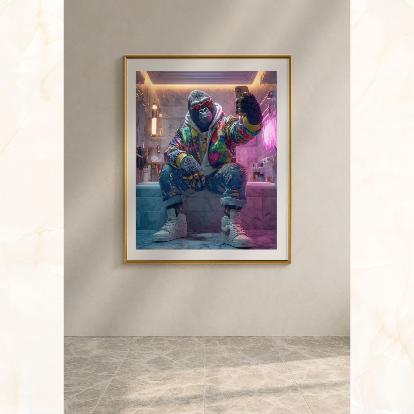Digital gorilla wall art featuring a stylish anthropomorphic ape taking a selfie in a luxury marble bathroom. Wearing colorful streetwear jacket, hoodie, ripped jeans, gold chains, and sneakers. Perfect printable for bathroom, modern interiors, or urban-inspired spaces. High-resolution instant download, includes multiple sizes for easy printing and framing. Be proud. Be kind. Be wild – by Dezinbazar.