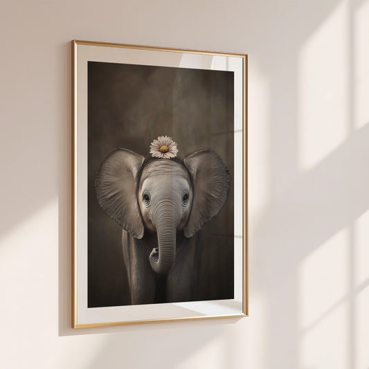 Adorable baby elephant poster with flower crown – printed on 200 gsm semi-glossy FSC-certified paper in DIN and standard sizes (A4–A0, 30×40 cm, 50×70 cm). This jungle-themed wall art brings calm and cuteness to any nursery, kids room, or safari baby space. Fits common frames like IKEA RIBBA or HOVSTA. Be proud. Be kind. Be wild – by Dezinbazar.