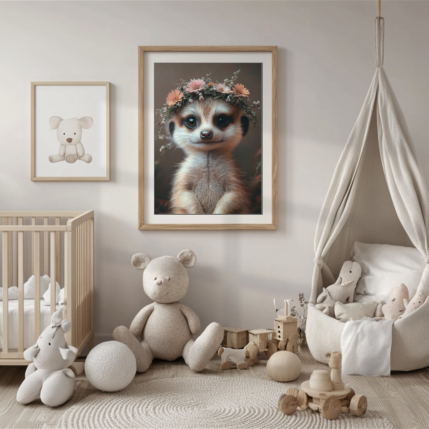 Adorable baby meerkat with flower crown – high-resolution digital art for safari-themed nursery, bathroom or kids’ room. This printable wall art is perfect for nature lovers, expecting moms or baby gift givers. Download includes multiple sizes and formats for easy framing at home. A sweet and charming Dezinbazar illustration that brings warmth and wildlife charm into any space.