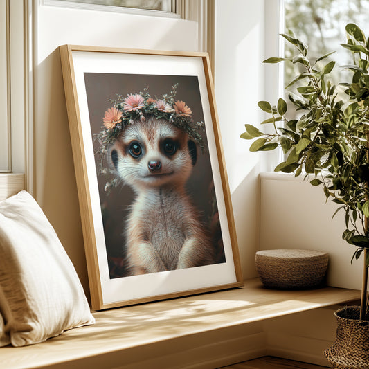 Adorable baby meerkat with flower crown – high-resolution digital art for safari-themed nursery, bathroom or kids’ room. This printable wall art is perfect for nature lovers, expecting moms or baby gift givers. Download includes multiple sizes and formats for easy framing at home. A sweet and charming Dezinbazar illustration that brings warmth and wildlife charm into any space.