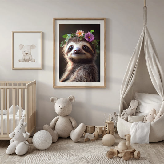 Adorable baby sloth with flower crown – digital wall art for jungle nursery, kids room or baby shower gift. Printable in high resolution, available instantly. A calming, sweet Dezinbazar original for woodland or tropical decor.