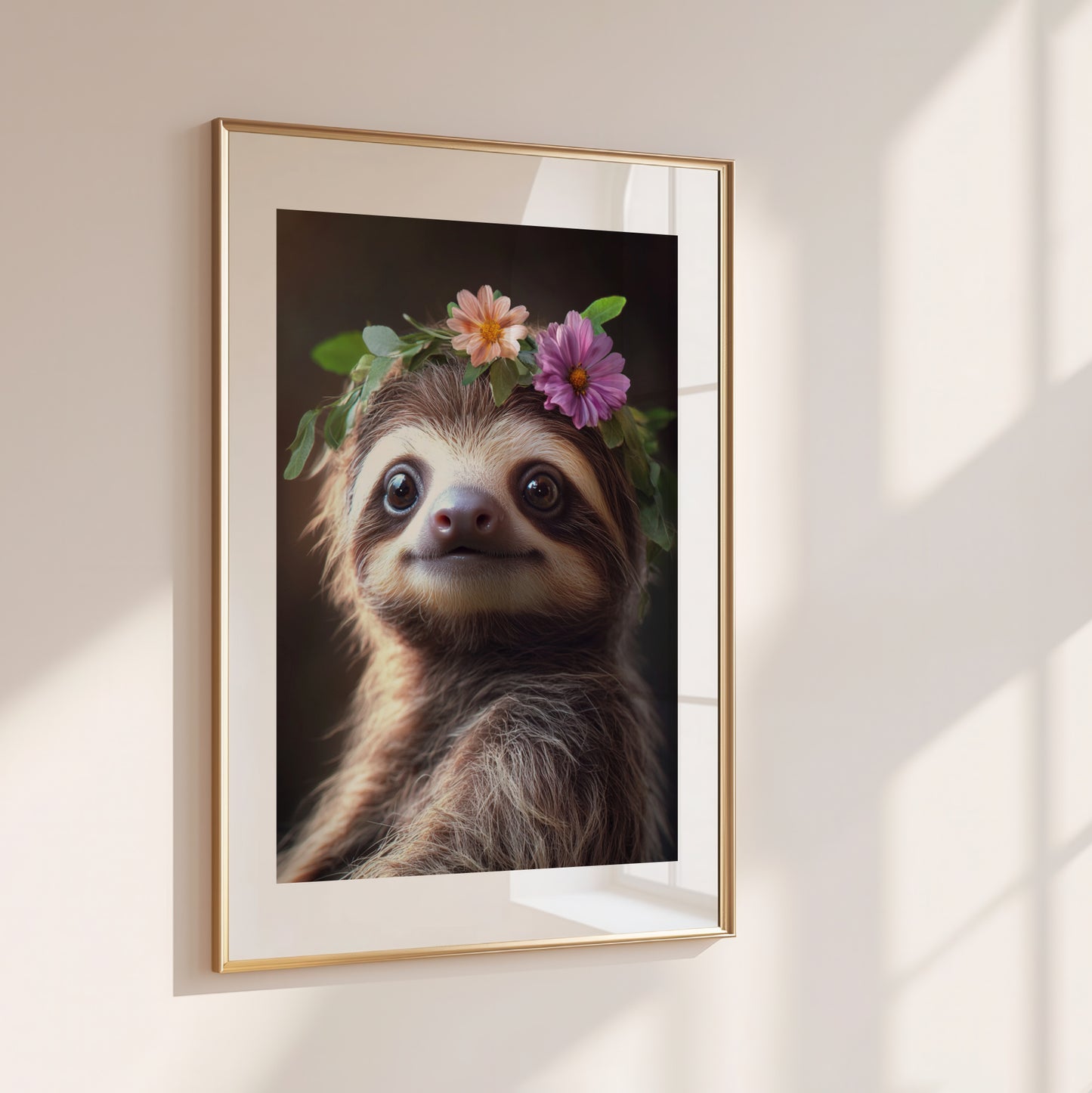 Adorable baby sloth with flower crown – digital wall art for jungle nursery, kids room or baby shower gift. Printable in high resolution, available instantly. A calming, sweet Dezinbazar original for woodland or tropical decor.