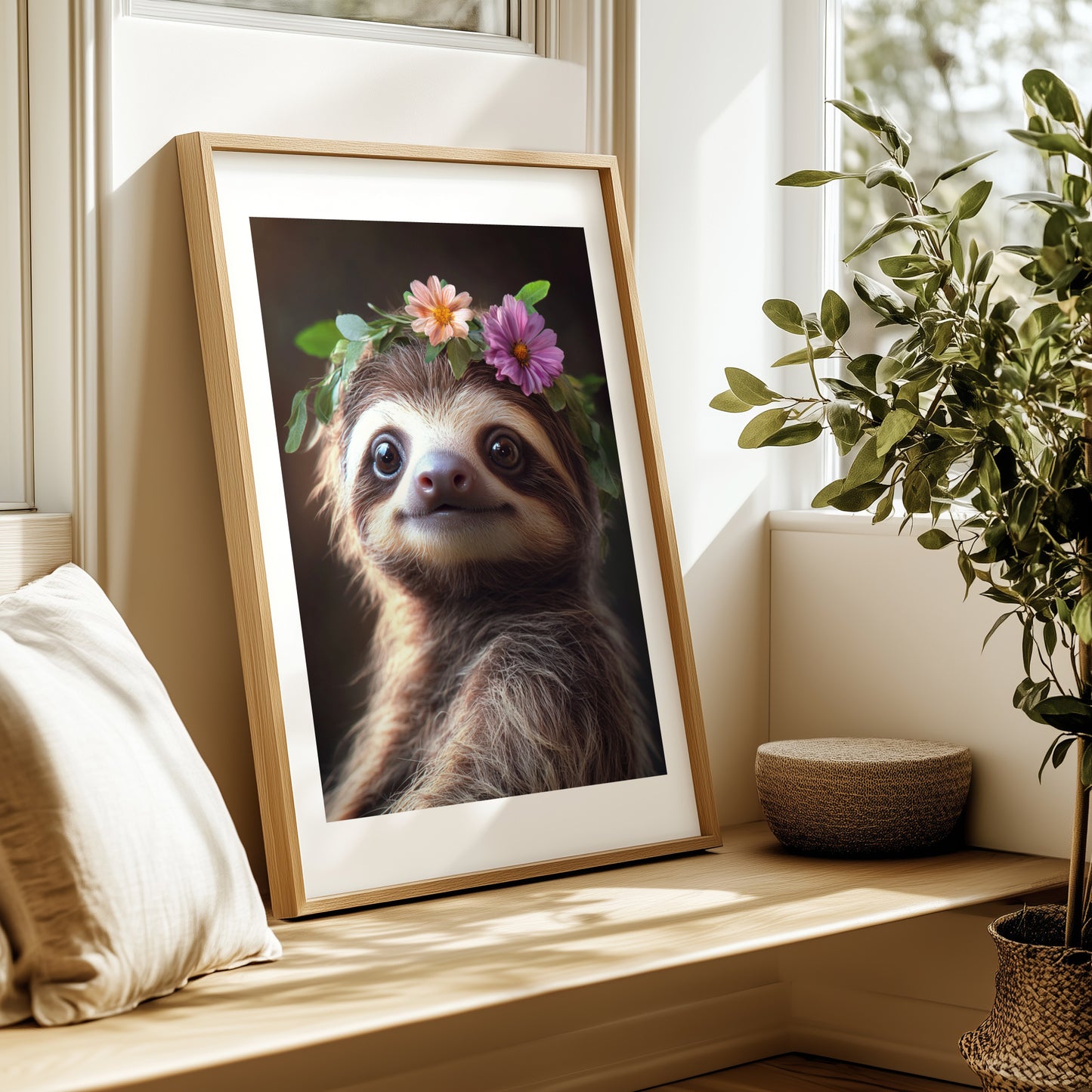 Adorable baby sloth with flower crown – digital wall art for jungle nursery, kids room or baby shower gift. Printable in high resolution, available instantly. A calming, sweet Dezinbazar original for woodland or tropical decor.