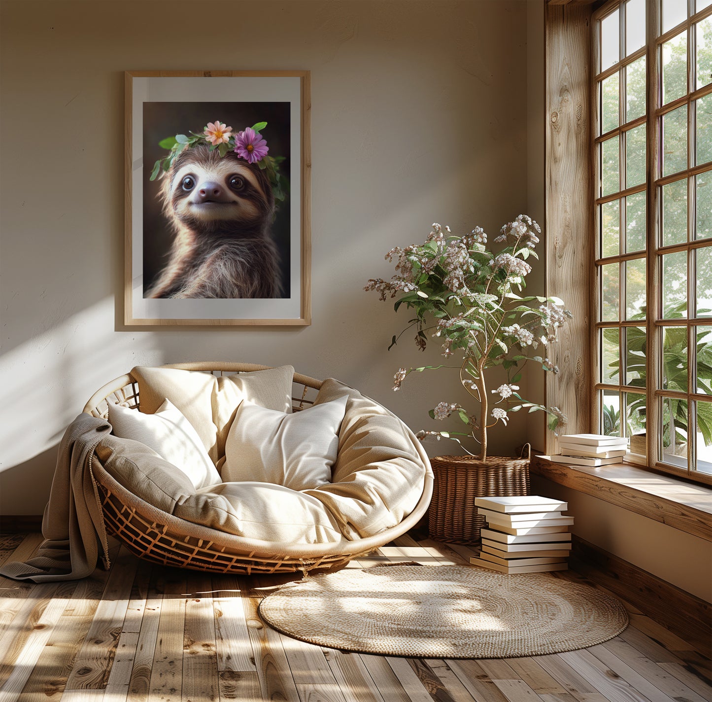 Adorable baby sloth with flower crown – digital wall art for jungle nursery, kids room or baby shower gift. Printable in high resolution, available instantly. A calming, sweet Dezinbazar original for woodland or tropical decor.