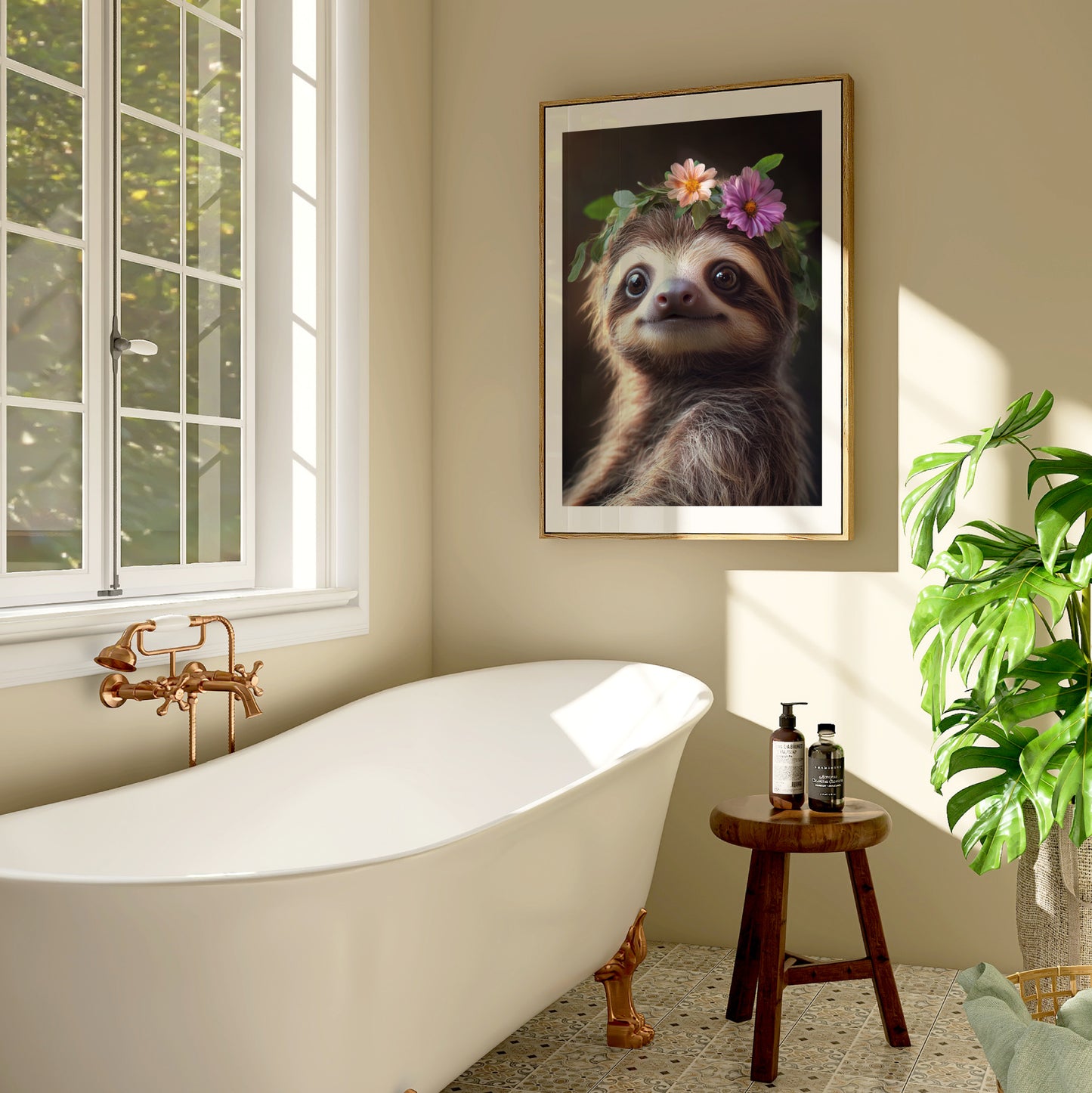 Adorable baby sloth with flower crown – digital wall art for jungle nursery, kids room or baby shower gift. Printable in high resolution, available instantly. A calming, sweet Dezinbazar original for woodland or tropical decor.