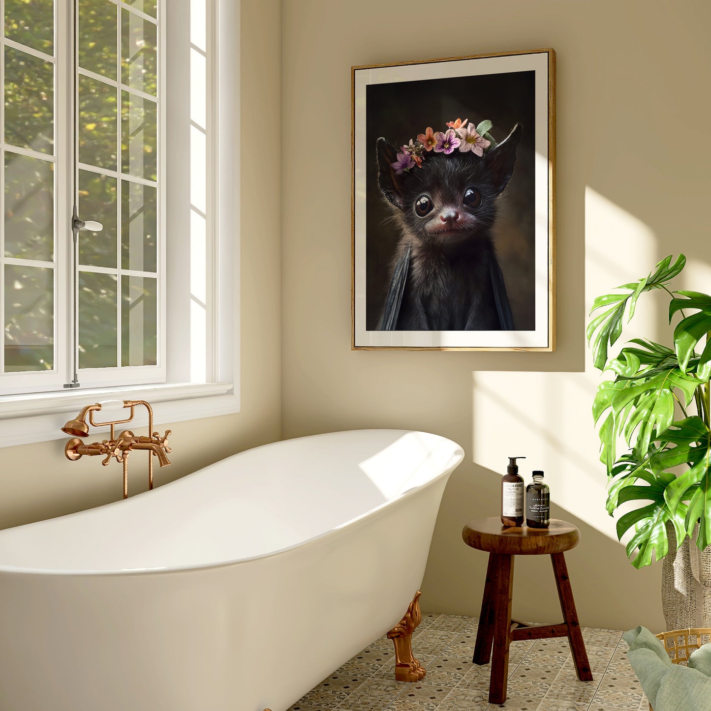 Cute baby bat poster with floral crown, perfect for woodland nurseries or kids rooms. Printed on 200 gsm semi-glossy FSC-certified premium paper, available in sizes A4–A0, 30×40 cm, 50×70 cm. Eco-friendly, made to order, and a charming gift for bat lovers, baby showers, or woodland-themed spaces. Be proud. Be kind. Be wild – by Dezinbazar.