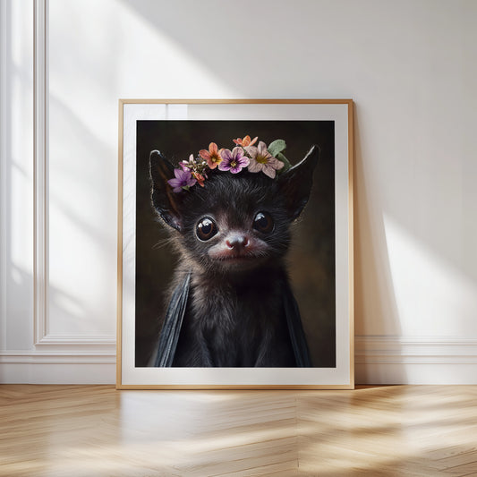 Cute baby bat poster with floral crown, perfect for woodland nurseries or kids rooms. Printed on 200 gsm semi-glossy FSC-certified premium paper, available in sizes A4–A0, 30×40 cm, 50×70 cm. Eco-friendly, made to order, and a charming gift for bat lovers, baby showers, or woodland-themed spaces. Be proud. Be kind. Be wild – by Dezinbazar.