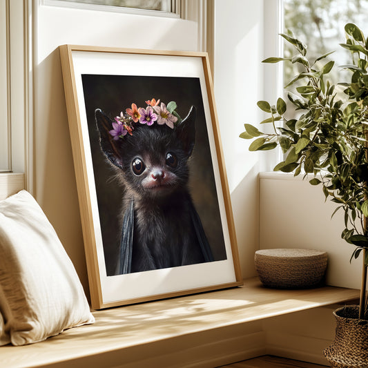 Sweet baby bat with flower crown – printable digital wall art for woodland nursery or Halloween decor. Perfect for baby rooms and gifts. Instant download as high-res JPGs in multiple formats. Original artwork by Dezinbazar.