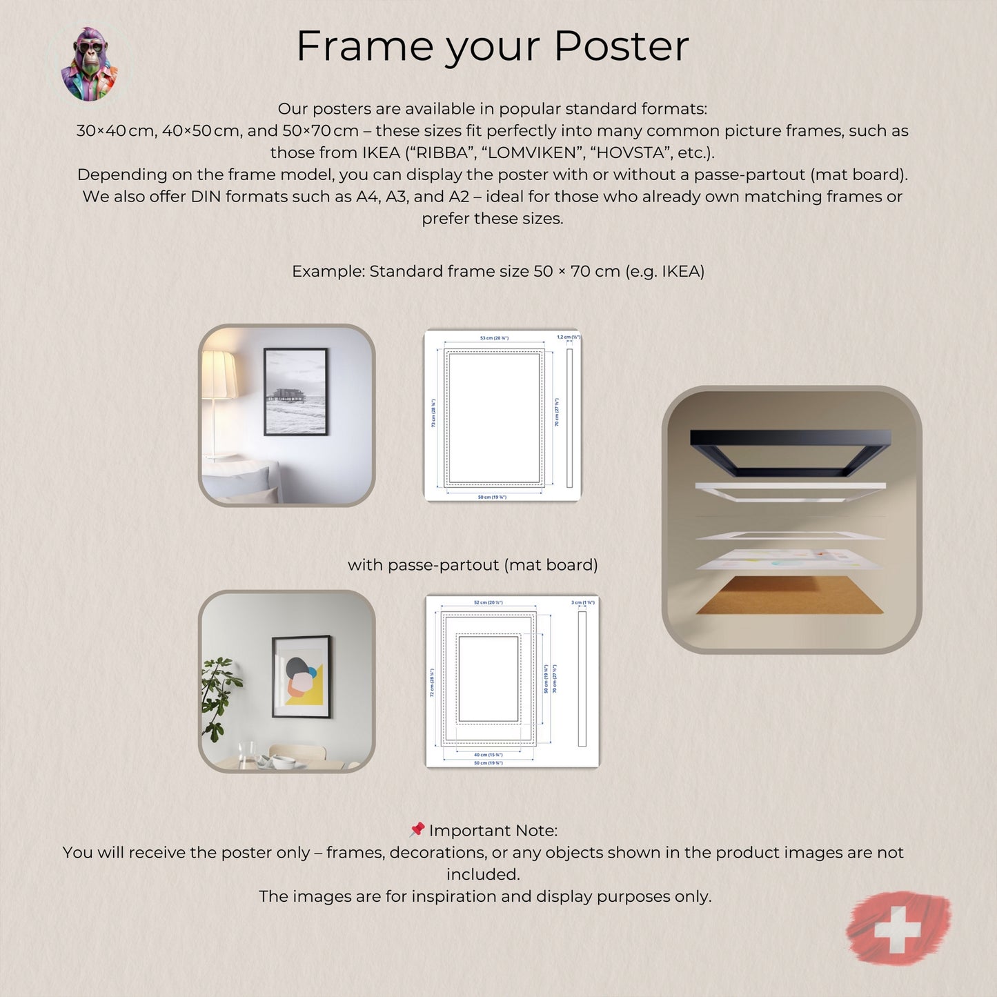 High-quality baby chimpanzee poster with flower crown, perfect for nursery or kids’ room. Professionally printed and available in sizes A4, A3, A2, A1, A0, 30×40 cm, 40×50 cm, and 50×70 cm – fits standard frames like IKEA RIBBA, LOMVIKEN, or HOVSTA. Ideal gift for baby showers, animal lovers, or jungle-themed decor.