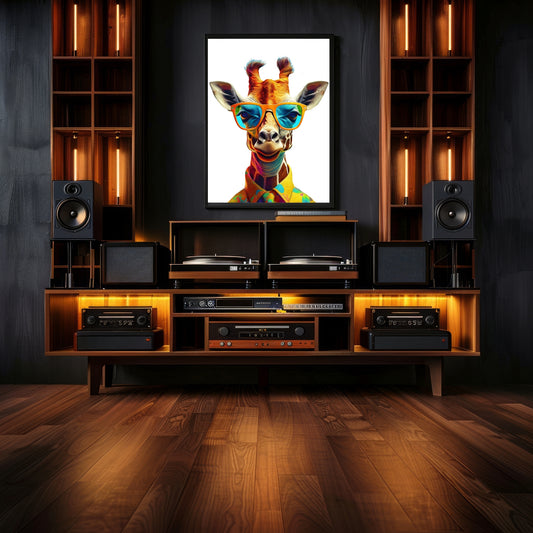 Premium giraffe poster printed on 200 gsm semi-glossy FSC-certified paper. Cool safari animal with sunglasses brings fun and style to your nursery, kids room or living room. Vibrant colors and detailed print finish. Available in DIN A4–A0 and standard 30×40 cm to 50×70 cm sizes, fitting IKEA frames. Made to order for sustainability. Ideal gift for animal lovers and safari decor fans. Be proud. Be kind. Be wild – by Dezinbazar.