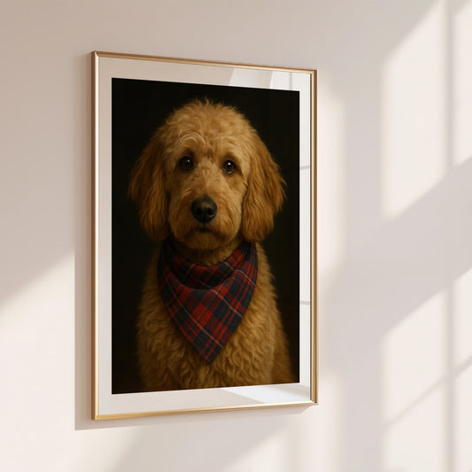 Adorable Goldendoodle poster with fluffy golden fur and sweet expression, wearing a red-blue plaid bandana. Ideal for nursery or dog-themed kids’ rooms. Printed on 200 gsm FSC-certified semi-glossy paper in sizes A4 to A0 or 30×40 to 50×70 cm. Perfect for IKEA frames like RIBBA or HOVSTA. A heartwarming gift for animal lovers or new parents. Be proud. Be kind. Be wild – by Dezinbazar.