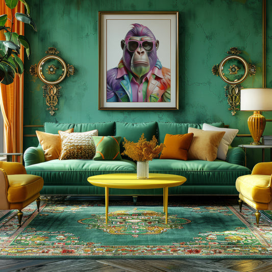 Rainbow gorilla poster with colorful pride flag shades, celebrating queer empowerment, social justice, and eco-conscious activism. Printed on premium semi-glossy FSC-certified paper, available in multiple sizes (DIN A4–A0, 30×40 cm, 50×70 cm), perfect for bold living rooms, studios, or activist spaces. Ideal gift for LGBTQ+ allies and pride supporters. Be proud. Be kind. Be wild – by Dezinbazar.