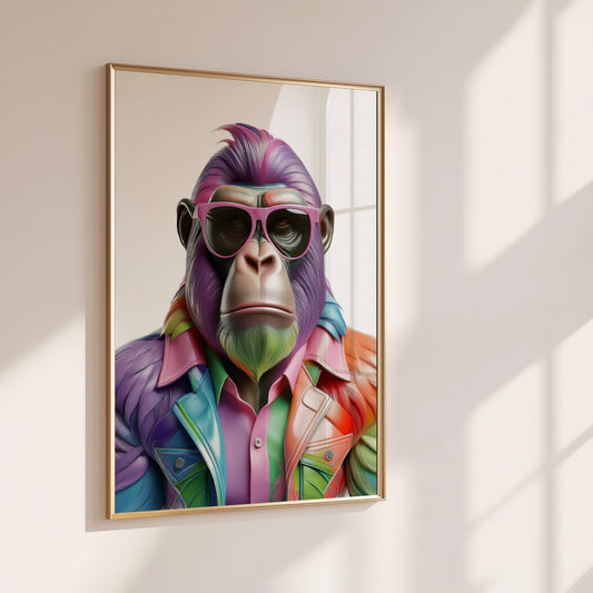 Colorful digital print of a rainbow-colored gorilla with sunglasses – bold LGBTQ+ wall art celebrating pride, queerness and individuality. Perfect for empowered, expressive spaces. High-resolution download.