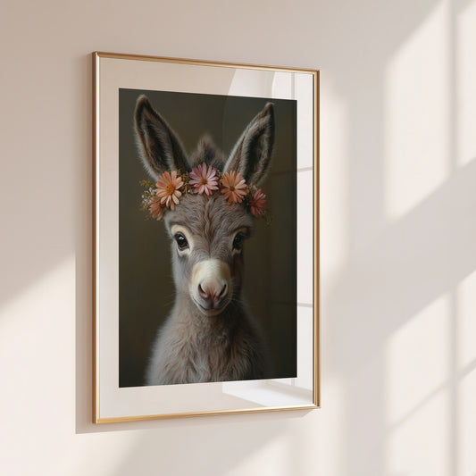 Adorable baby donkey printable wall art with a flower crown – ideal for farm-themed nursery decor or animal lovers. Includes high-resolution JPGs in various sizes. This soft, charming digital illustration brings peace and warmth to your home. A unique Dezinbazar design – perfect for baby rooms or sweet, rustic gifts.