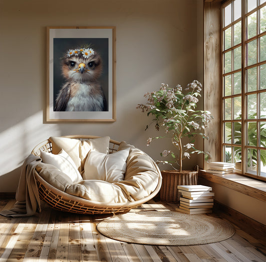 Majestic hawk with a delicate flower crown – printable digital wall art perfect for woodland nursery decor or baby room. Ideal gift for expecting moms. High-resolution JPGs in multiple sizes. A Dezinbazar original.