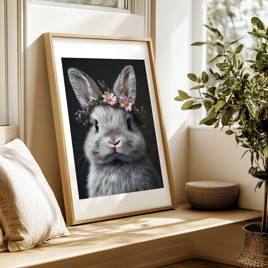 Adorable bunny wall art with a flower crown – this printable digital artwork is perfect for nursery decor, Easter themes, or as a gift. Includes high-resolution files in multiple sizes. The gentle expression and floral accents bring warmth and joy to any space. A unique Dezinbazar design for animal and nature lovers.