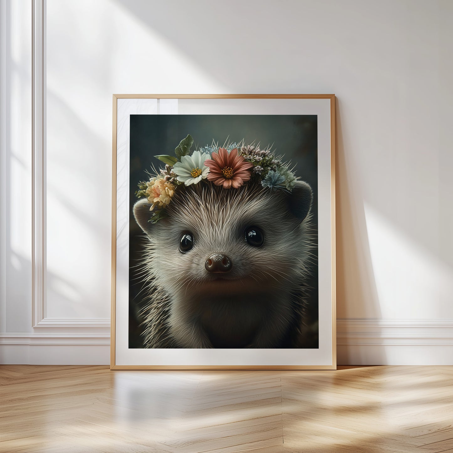 Adorable baby hedgehog with flower crown – printable woodland nursery wall art. Perfect for nature-themed baby rooms, bathrooms or kids' spaces. Includes high-res JPGs in 4 formats. A sweet and gentle design by Dezinbazar.