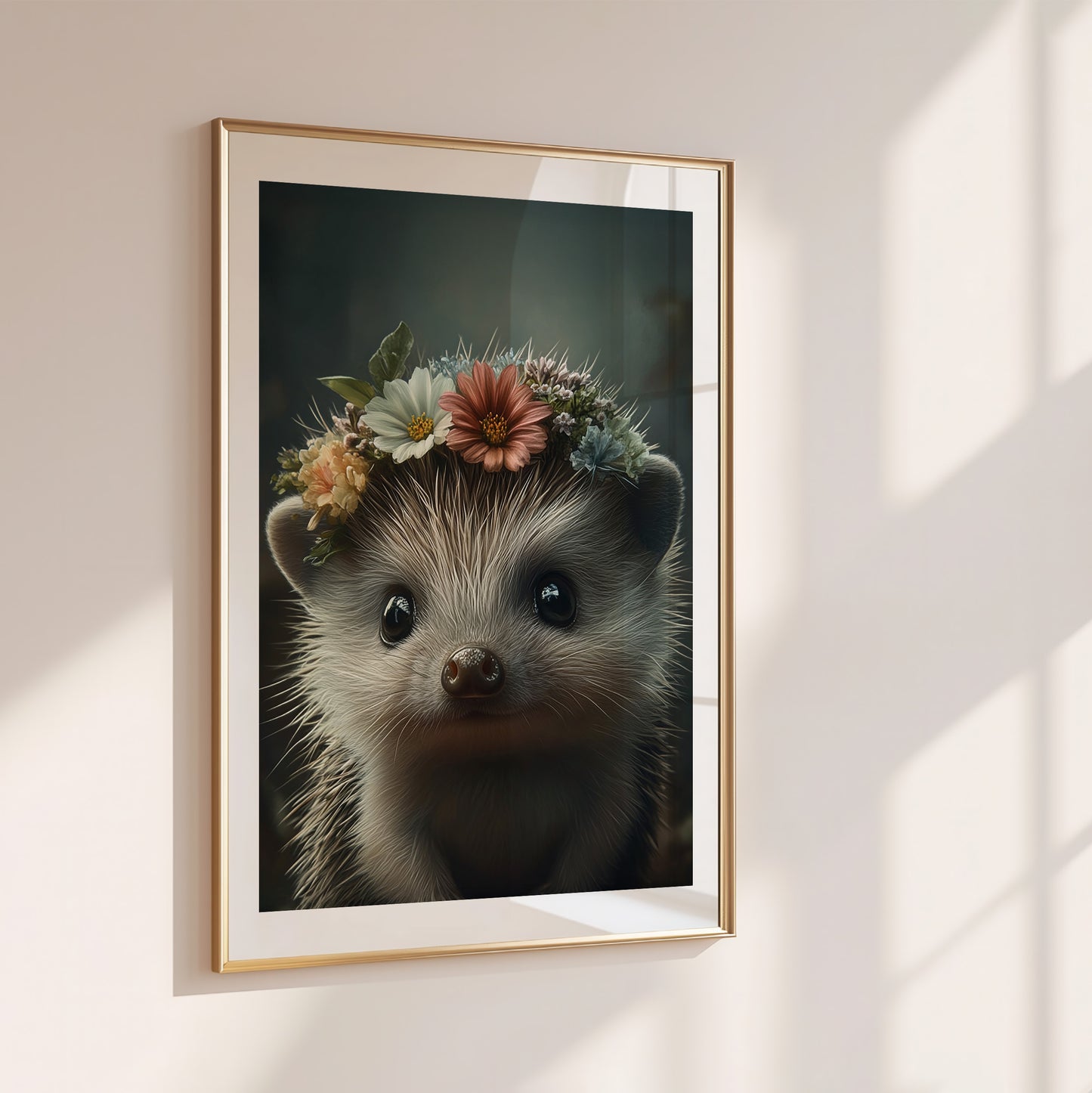 Adorable baby hedgehog with flower crown – printable woodland nursery wall art. Perfect for nature-themed baby rooms, bathrooms or kids' spaces. Includes high-res JPGs in 4 formats. A sweet and gentle design by Dezinbazar.