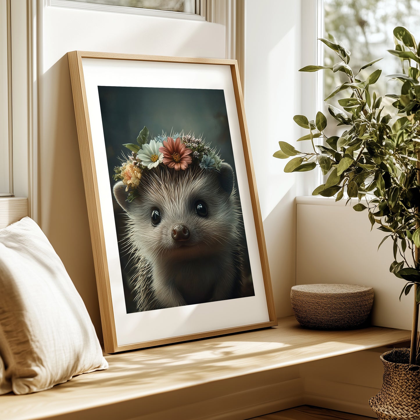 Adorable baby hedgehog with flower crown – printable woodland nursery wall art. Perfect for nature-themed baby rooms, bathrooms or kids' spaces. Includes high-res JPGs in 4 formats. A sweet and gentle design by Dezinbazar.
