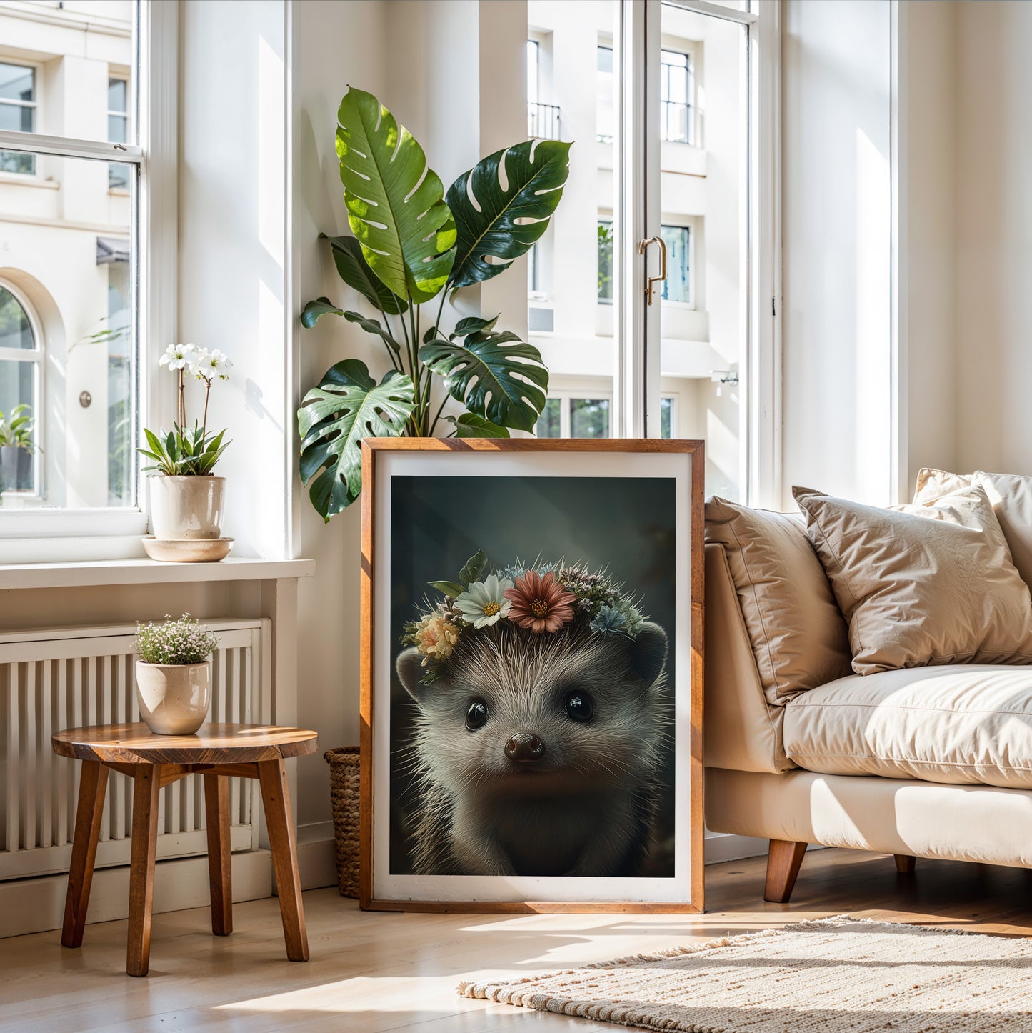 Adorable baby hedgehog with flower crown – printable woodland nursery wall art. Perfect for nature-themed baby rooms, bathrooms or kids' spaces. Includes high-res JPGs in 4 formats. A sweet and gentle design by Dezinbazar.