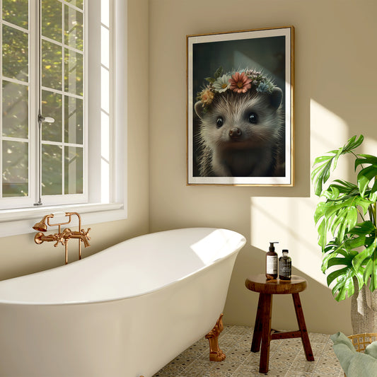 Adorable baby hedgehog with flower crown – printable woodland nursery wall art. Perfect for nature-themed baby rooms, bathrooms or kids' spaces. Includes high-res JPGs in 4 formats. A sweet and gentle design by Dezinbazar.