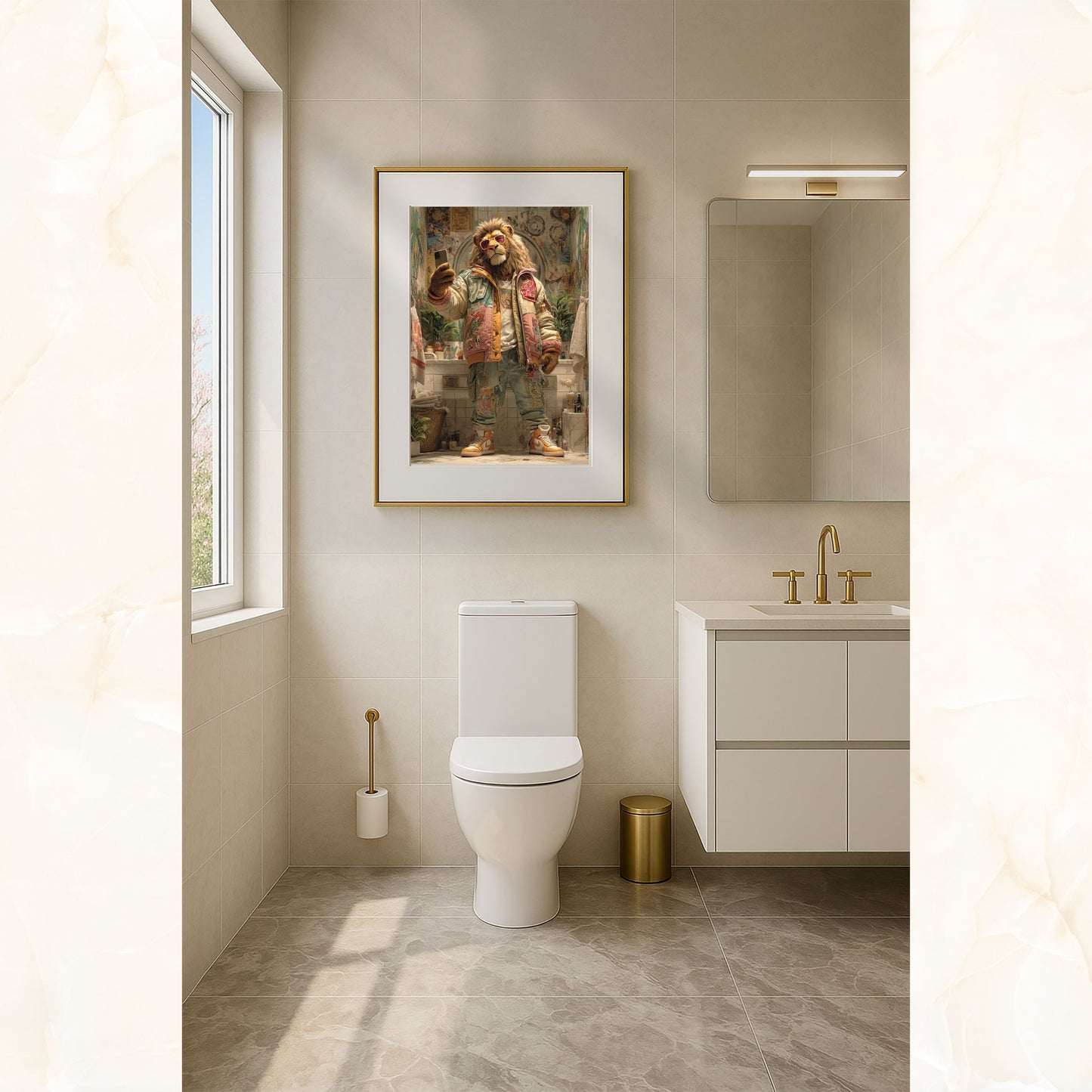 Funny lion poster in colorful streetwear style, printed on premium 200 gsm semi-glossy FSC-certified paper. Vibrant yet soft tones bring a modern jungle king vibe to your walls, perfect for bathroom, living room, or nursery decor. Available in multiple poster sizes from A4 to A0, plus 30×40 cm, 40×50 cm, and 50×70 cm – designed to fit IKEA frames such as RIBBA, LOMVIKEN, and HOVSTA. A sustainable wall art choice, made to order. Be proud. Be kind. Be wild – by Dezinbazar.