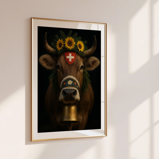 Poster of a traditional Swiss cow decorated for the Alpaufzug, featuring a floral crown of sunflowers and fir branches, an embroidered noseband with Alpine flowers, the Swiss coat of arms, and a large brass bell. Ideal for rustic home decor or Swiss-themed interiors. Available in multiple sizes, printed on semi-glossy FSC-certified paper. Be proud. Be kind. Be wild – by Dezinbazar.