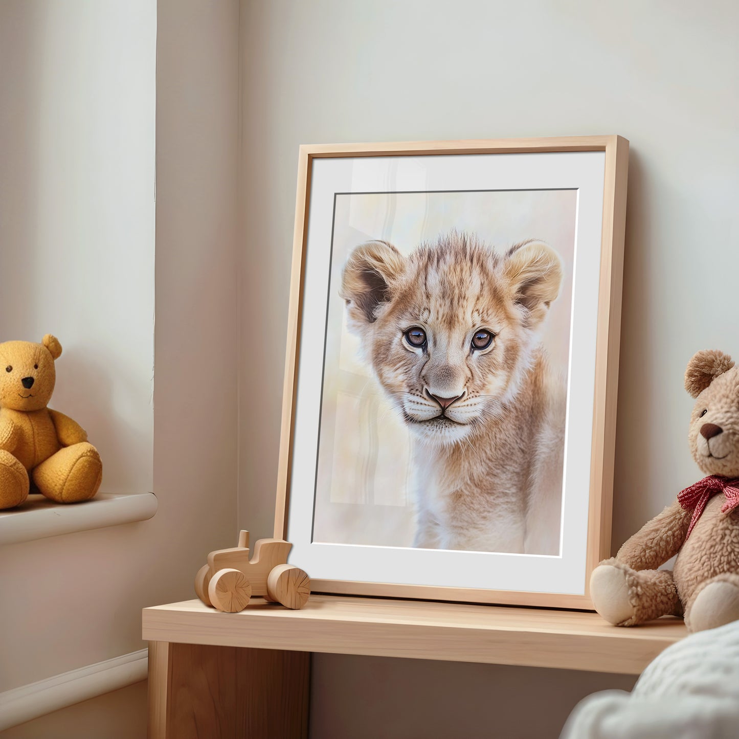 Cute baby lion cub digital print with soft pastel background. Perfect for safari nurseries, kids rooms or as a baby shower gift. High-resolution JPG file (300 DPI), printable in DIN sizes A5 to A0 and standard formats like 30×40 cm and 50×70 cm. Gentle safari decor for calm, nature-themed interiors. Instant download. Be proud. Be kind. Be wild – by Dezinbazar.