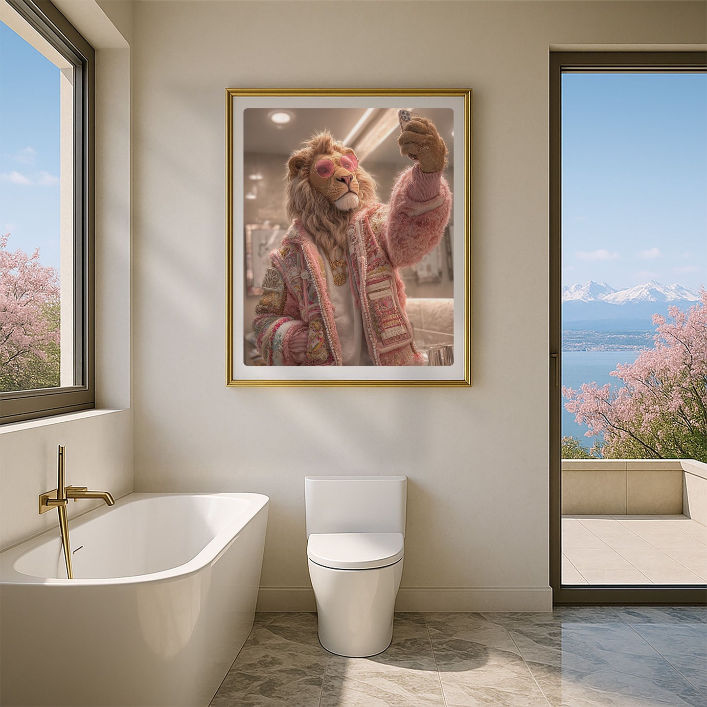 Funny lion bathroom wall art print featuring a stylish lion taking a selfie in a modern bathroom. Perfect high-resolution digital download for bathroom wall art, jungle animal decor, or funny home decoration. Includes DIN A5–A0, 4:5, 3:4, and 30×40/50×70 cm sizes for easy printing.