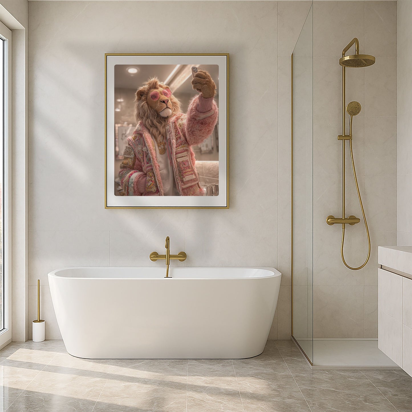 Funny lion bathroom wall art print featuring a stylish lion taking a selfie in a modern bathroom. Perfect high-resolution digital download for bathroom wall art, jungle animal decor, or funny home decoration. Includes DIN A5–A0, 4:5, 3:4, and 30×40/50×70 cm sizes for easy printing.