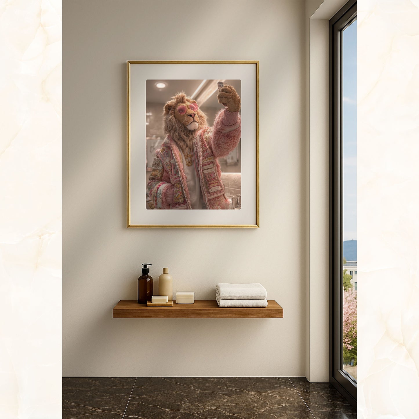 Funny lion bathroom wall art print featuring a stylish lion taking a selfie in a modern bathroom. Perfect high-resolution digital download for bathroom wall art, jungle animal decor, or funny home decoration. Includes DIN A5–A0, 4:5, 3:4, and 30×40/50×70 cm sizes for easy printing.