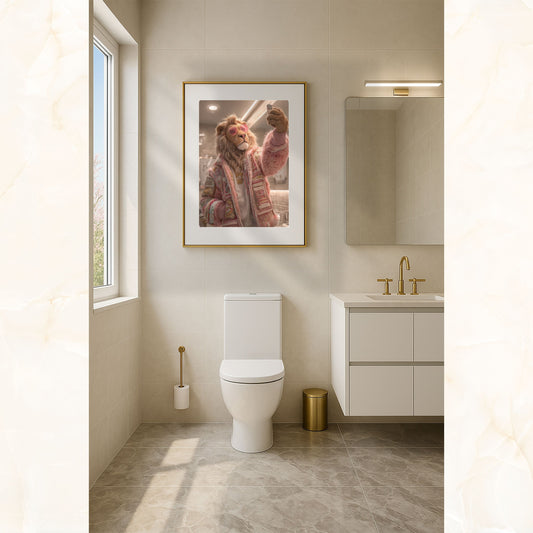 Funny lion bathroom wall art print featuring a stylish lion taking a selfie in a modern bathroom. Perfect high-resolution digital download for bathroom wall art, jungle animal decor, or funny home decoration. Includes DIN A5–A0, 4:5, 3:4, and 30×40/50×70 cm sizes for easy printing.