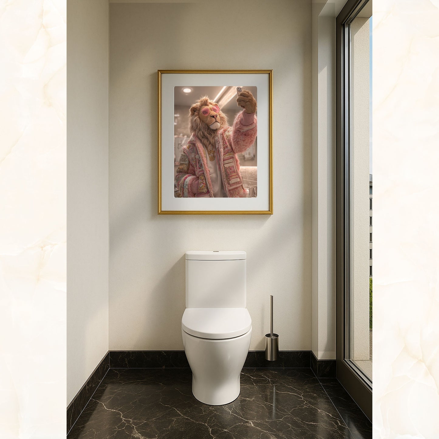 Funny lion bathroom wall art print featuring a stylish lion taking a selfie in a modern bathroom. Perfect high-resolution digital download for bathroom wall art, jungle animal decor, or funny home decoration. Includes DIN A5–A0, 4:5, 3:4, and 30×40/50×70 cm sizes for easy printing.