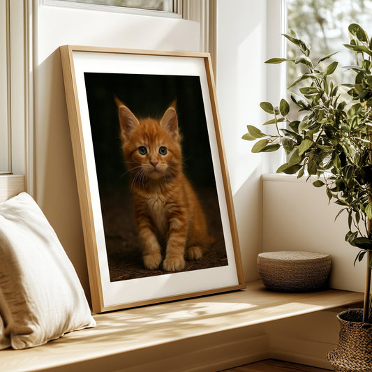Adorable baby Maine Coon printable featuring a fluffy ginger kitten with large expressive eyes and soft fur. Perfect for nursery wall decor or pet-themed rooms. Printable in DIN A5–A0, 4:5, 3:4, 30×40 cm and 50×70 cm – fits standard IKEA frames. This gentle, realistic cat art is ideal for kids’ spaces and cat lovers. Be proud. Be kind. Be wild – by Dezinbazar.