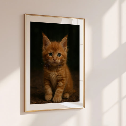 Adorable baby Maine Coon poster printed on premium semi-glossy paper. Features a fluffy red-golden kitten with big eyes and soft fur – perfect for nurseries, kids' rooms, or cat lovers. Available in DIN sizes A4–A0 and 30×40 to 50×70 cm. Fits standard IKEA frames. Printed with care on FSC-certified paper. A gentle, cozy touch for your home. Be proud. Be kind. Be wild – by Dezinbazar.