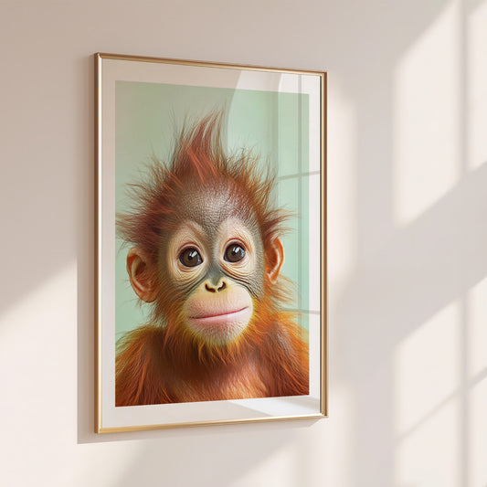 Baby orangutan digital print featuring a cute baby monkey in a jungle setting. Perfect printable wall art for nursery, kids room, or jungle-themed decor. High-resolution digital file, ideal as a baby shower gift, unisex wall art, or safari animal print. Comes in multiple sizes from A5 to A0, plus popular frame formats like 30×40 cm and 50×70 cm. Easy to print at home or at a shop. A sustainable and affordable wall decor choice. Be proud. Be kind. Be wild – by Dezinbazar.