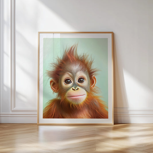 Baby orangutan poster featuring a cute baby monkey in jungle style. Printed on 200 gsm semi-glossy FSC-certified paper with vibrant tones. Perfect wall art for nursery, kids room, or safari-themed decor. A sustainable artwork, made to order – no overproduction. Available in multiple poster sizes: DIN A4–A0, plus 30×40 cm, 40×50 cm, and 50×70 cm. Fits standard IKEA frames such as RIBBA, LOMVIKEN, and HOVSTA. Be proud. Be kind. Be wild – by Dezinbazar.