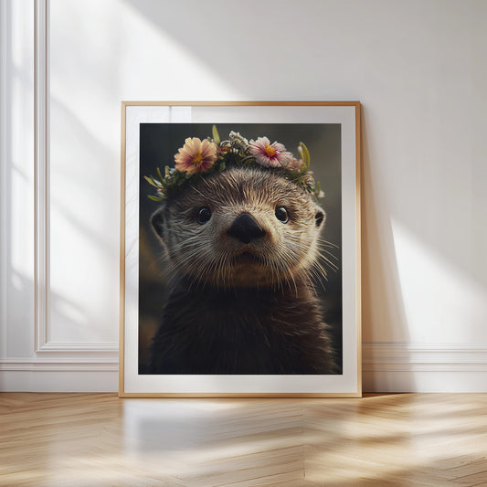 Adorable baby otter with flower crown – printable woodland nursery wall art for baby room or kids space. Includes 4 high-res JPGs. A Dezinbazar original.